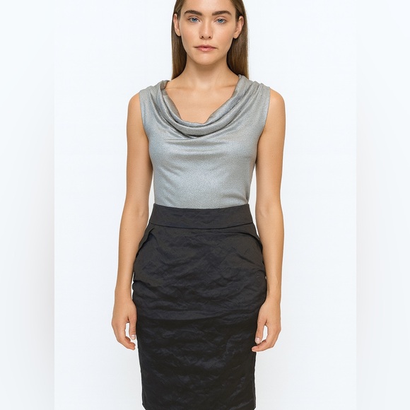 BCBGMAXAZRIA Metallic Gunmetal Ruched Skirt Size 2 - Picture 2 of 10